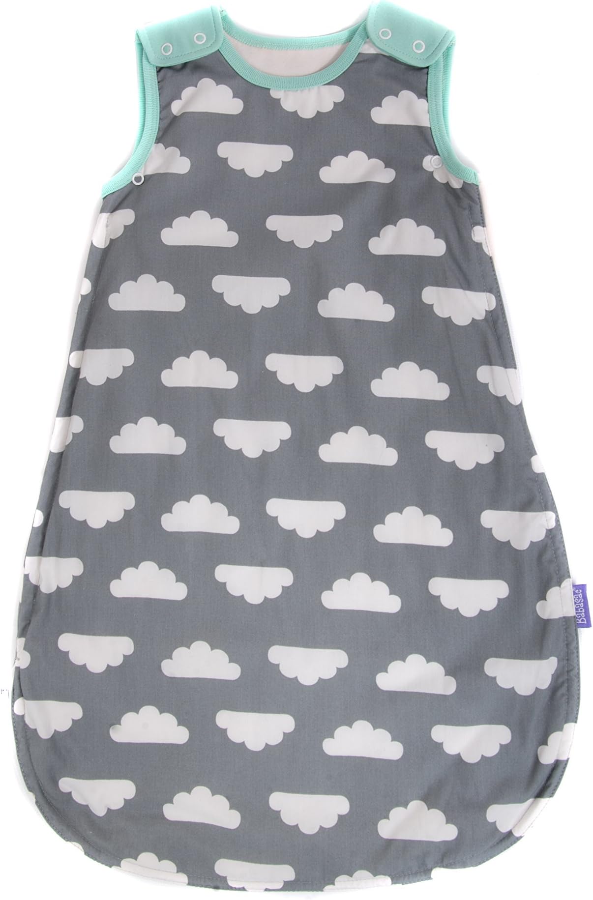 Mama Designs Babasac Multi Tog Baby Sleeping Bag - in Grey Cloud with Colour Edging Design, 1.0 and 2.5 Tog Included, 0-6 months, Grey & White With Turquoise Trim