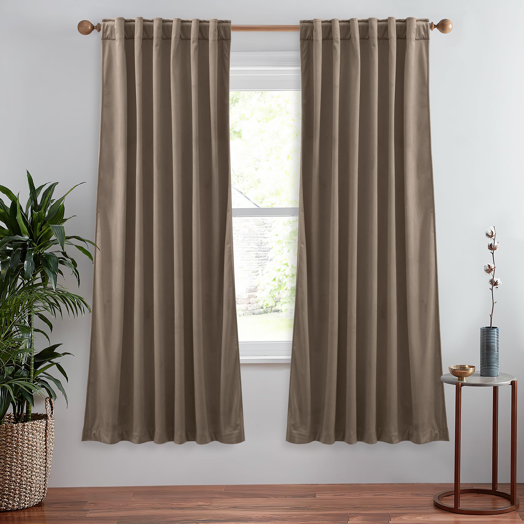 StangH Taupe Velvet Curtains Super Soft Back Tab Window Drapes 72 inches Long for Living Room, Light Blocking Thermal Privacy Curtains for Study/Laundry, W52 x L72, 2 Panels