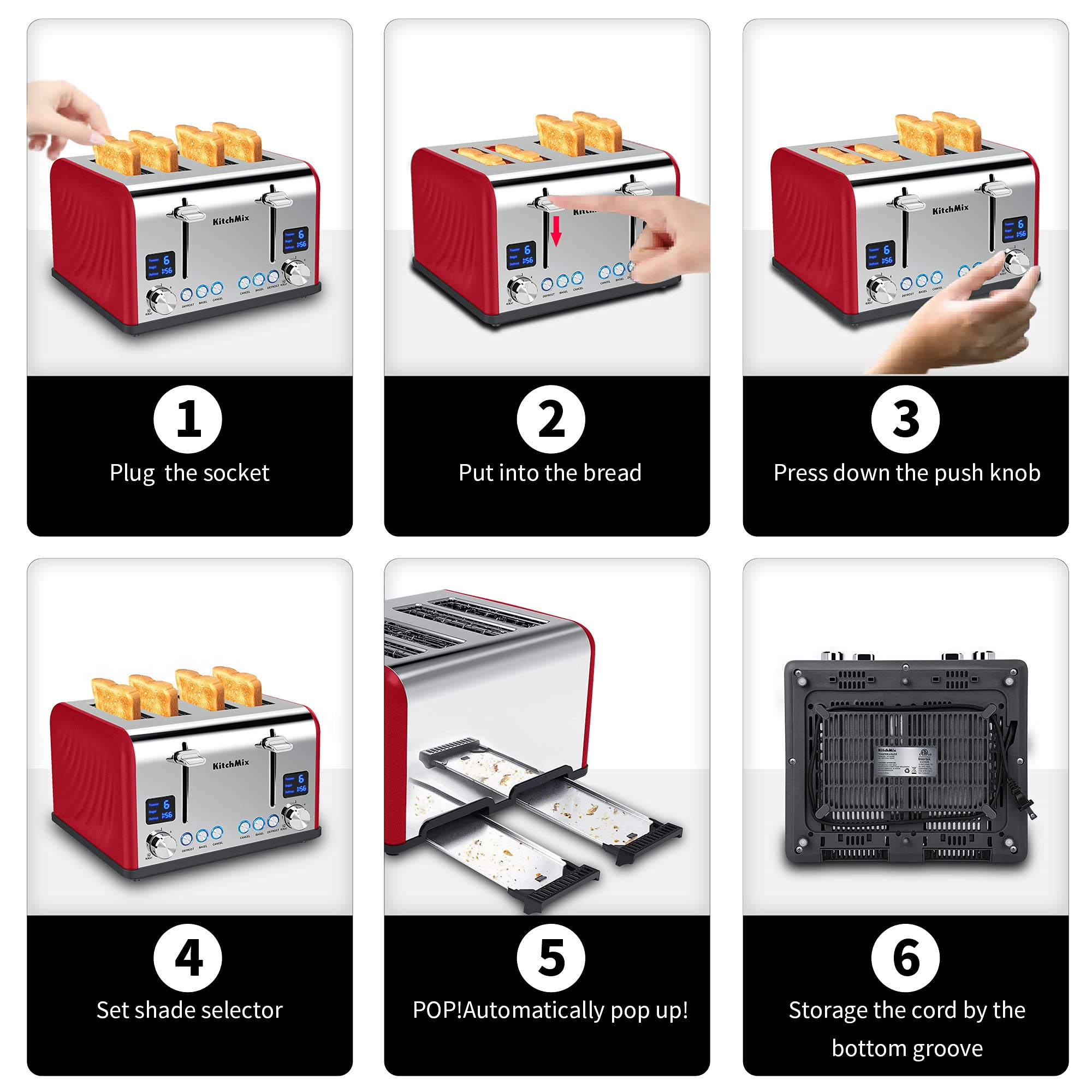 Tostadora de 4 rebanadas, Tostadora KitchMix Bagel de acero inoxidable con temporizador LCD, ranuras extra anchas, pantalla doble, bandeja para migas extraíble (rojo)