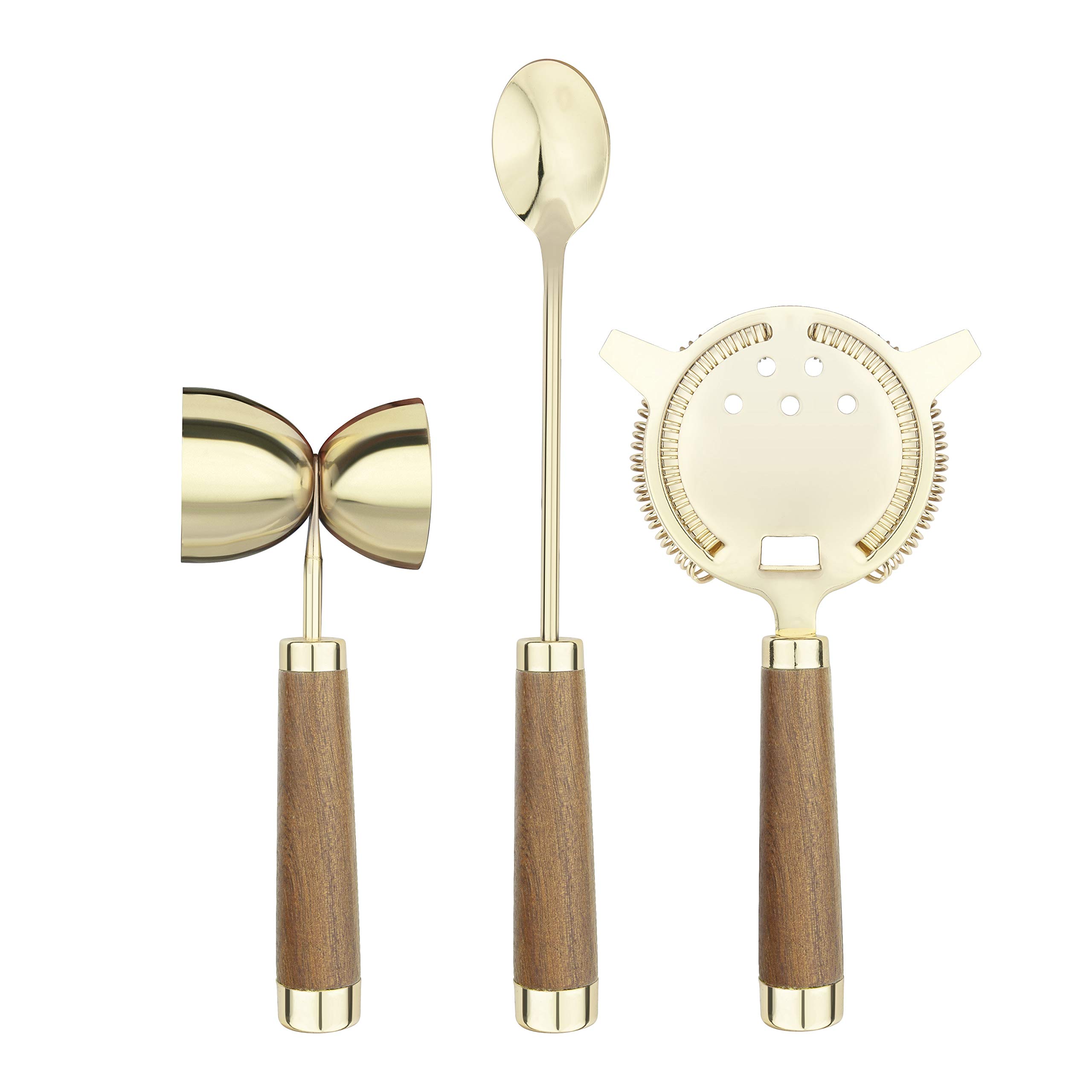 Final Touch 3 Piece Brass Cocktail Mixing Making Tools Set Includes Strainer, Spoon & Double Jigger Brass Plated 304 Grade Stainless Steel with Wooden Handles FTA2100