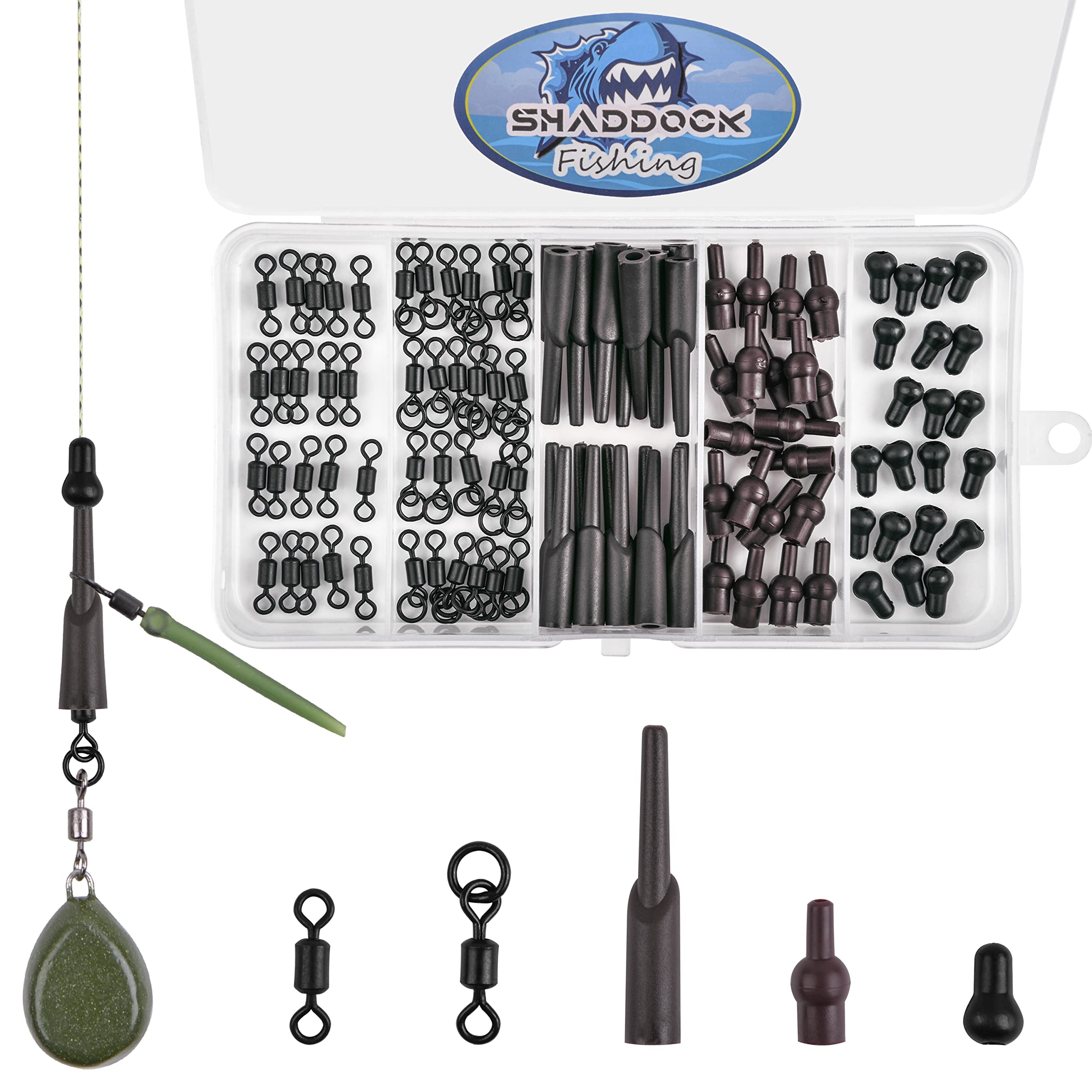 100pcs Carp Fishing Tackle Box Kit Running Rigs Swivel Sleeve Connector Round Head Buffer Beads Rolling Swivel Carp Fishing Accessories Set With Box(100pcs-B)