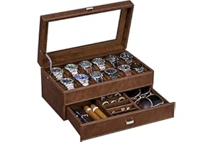 BEWISHOME Watch Box for Men, 12-Slot Watch Case, 2-Layer Watch Case With Drawer, Mens Jewelry Box with Large Glass Lid, Watch Display Case Watch Holder Organizer Watch Storage for Men Women Espresso