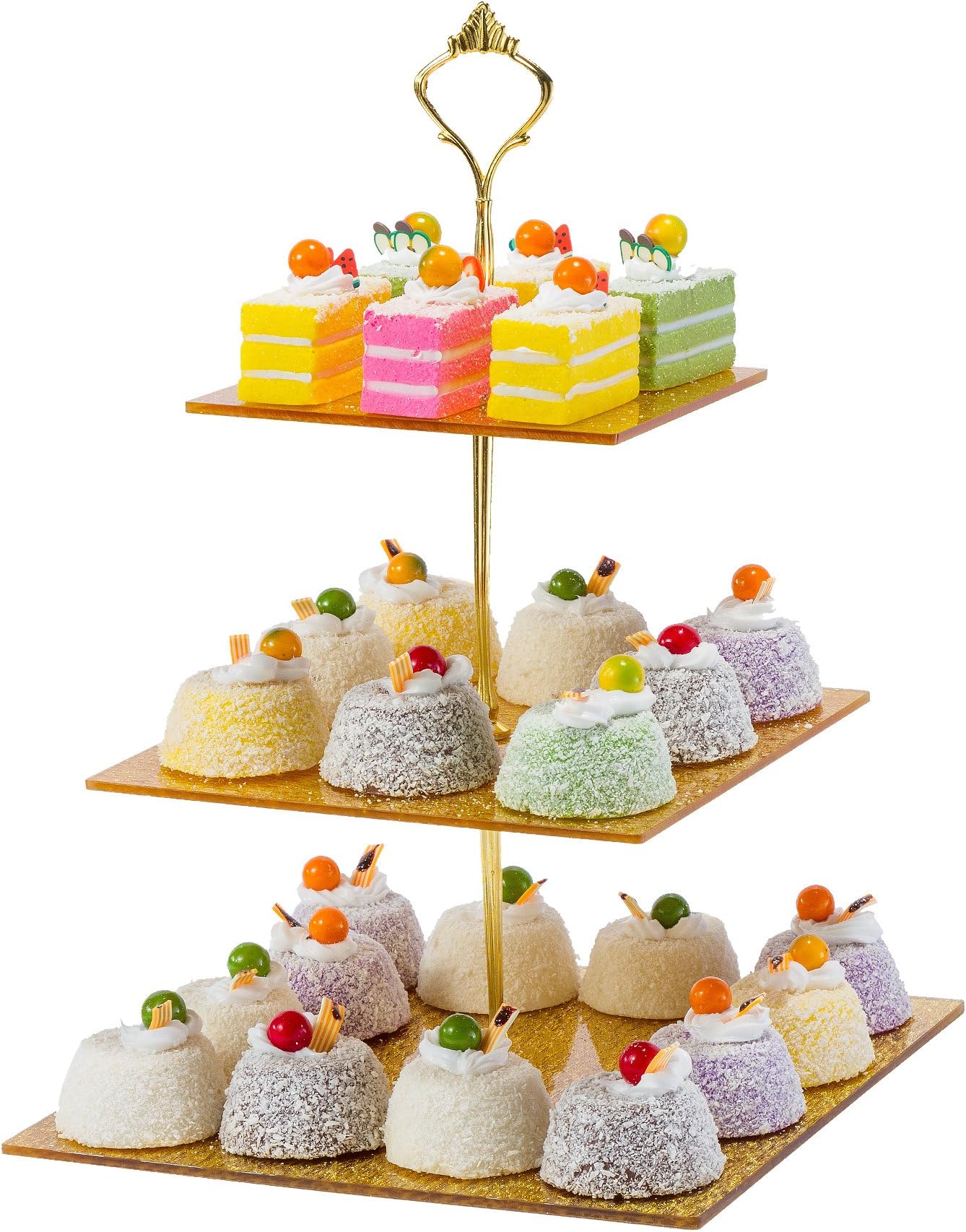 Strong Sturdy Golden Acrylic 3-Tier Square Cupcake Stand with Stable Screw - On Gold Pillars - Dessert Display Tower - Cupcake Tower (gold)