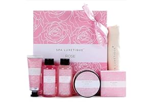 Bath Gifts Set for Women - Spa Luxetique 6pcs Rose Travel Gift Box, Relaxing Home Spa Kit Includes Bubble Bath, Body Lotion, 