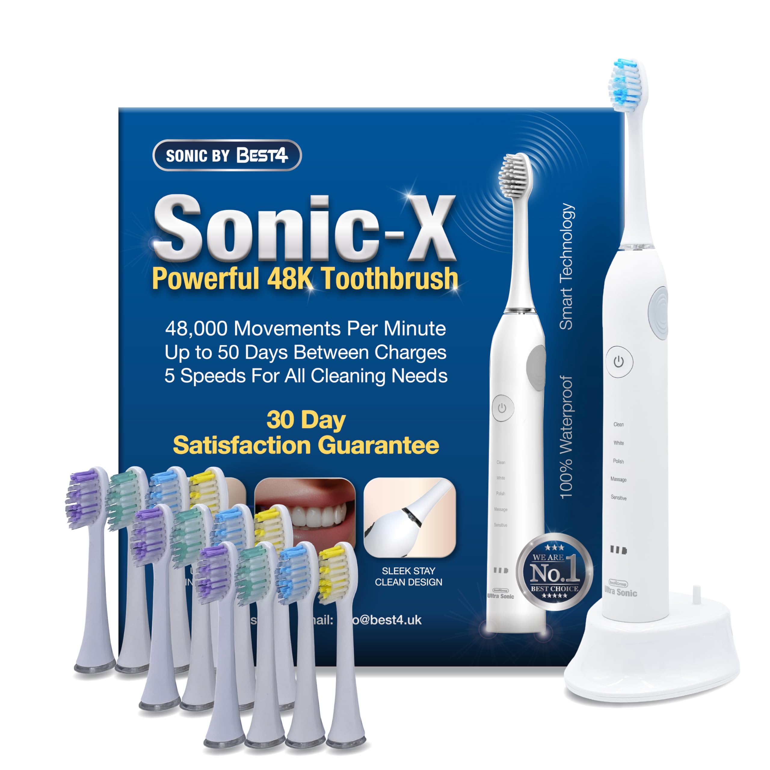 Sonic X by Best4 Toothbrush Latest Model, White, Powerful 50 Day Charge, Inc 12 Brush Heads