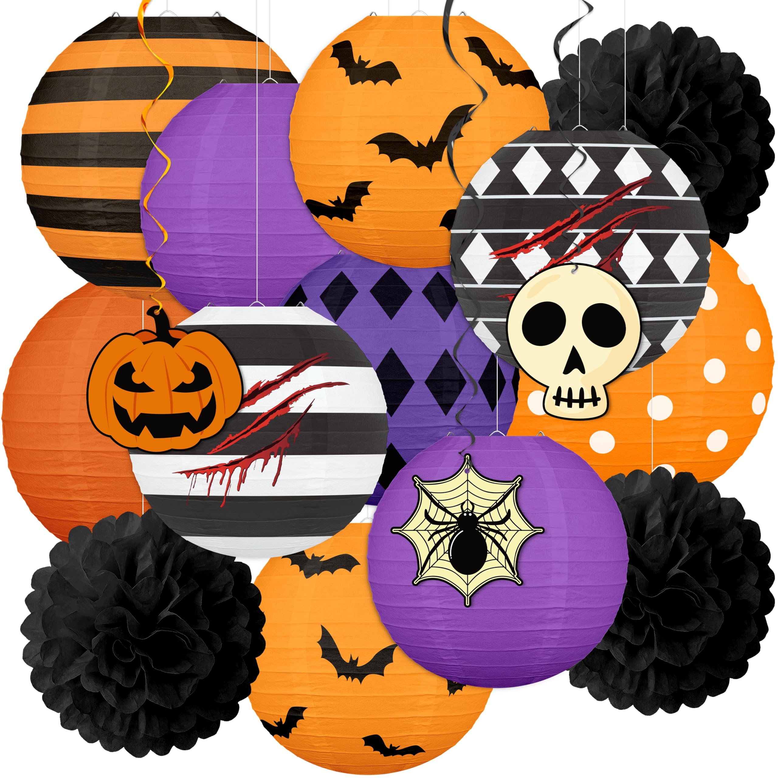 Photo 1 of ?Renbuzhu 16Pcs Halloween Decorations Paper Lanterns Pom Poms Hanging Swirls - Scary Decor for Party Birthday House Office Classroom Outdoor Indoor
