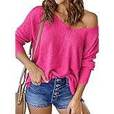 Women Sweaters Fall V Neck One Shoulder Lightweight Loose Long Sleeve Soft Tops