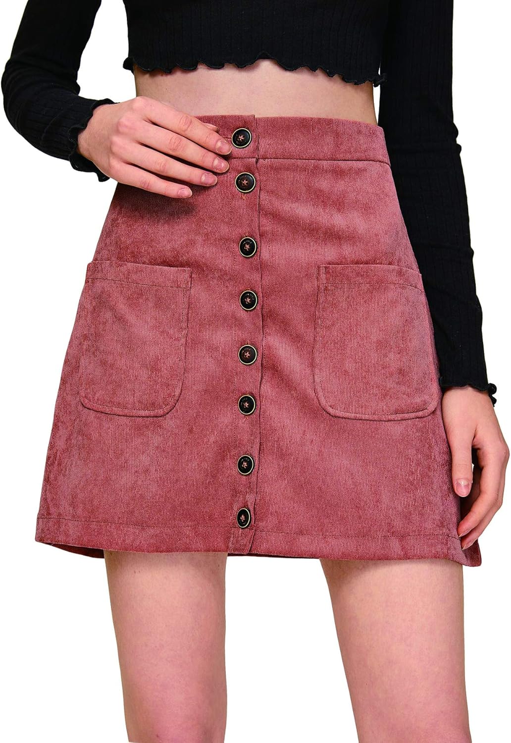 WDIRARA Women's Mid Waist Corduroy A-line Slim fit Button Casual Mini Skirt: Clothing