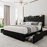 Einhomn Queen Bed Frame with 4 Storage Drawers, Upholstered Modern Bed Frame with Wingback Headboard, Charging Station, No Box Spring Needed, Easy Assembly, Black