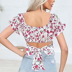 COOUFE Women's Crop Tops Ruffle Short Sleeve Tie