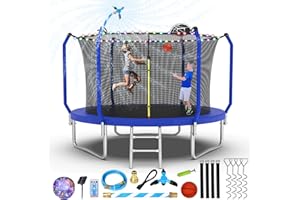 Lyromix Upgraded 8FT/10FT/12FT/14FT Trampoline, Outdoor Trampoline with Basketball Hoop, Backyard Trampoline with Light, Sprinkler, Stakes, Capacity for 4-6 Kids and Adults