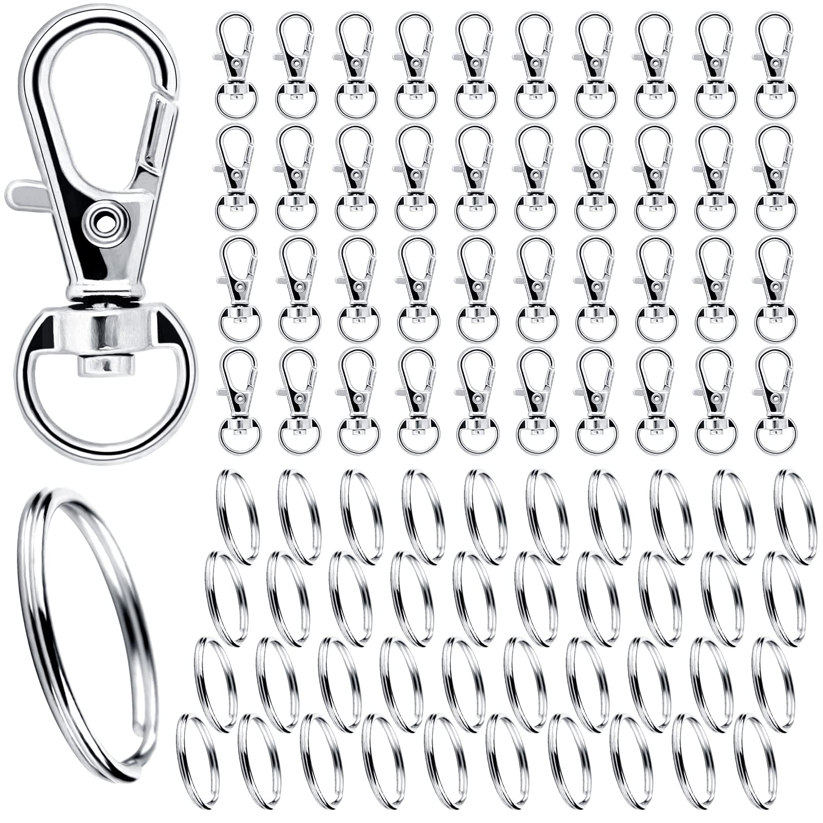 80Pcs Key Ring Hoop- 40Pcs Metal Keyring Clips & 40Pcs Keyring Rings Split Rings Swivel Lobster Clasps Key Chain Hooks for Crafts Jewellery Making(Silver)