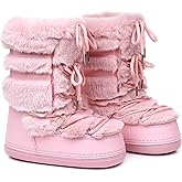 JIANCHIBUXIE Snow Boots for Women,Winter Furry Faux Fur Boots Winter Black White Pink Fur Lined Lace-up Mid-Calf Non-Slip Fuzzy Boots