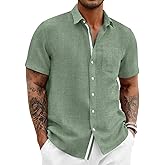 Runcati Mens Linen Button Down Shirts Casual Short Sleeve Shirt Summer Beach Wedding Tops with Pocket