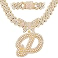 JNCTCOE Cuban Link Chain for Women Cursive Silver Initial 14MM Diamond Prong Cuban Chain Hip Hop Iced Out Chain Necklace Butterfly Initial Letter Name Necklaces for Women