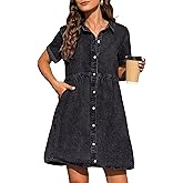 KDF Denim Dress for Women with Pockets Short Sleeve Babydoll Denim Shirt Dresses for Women 2025