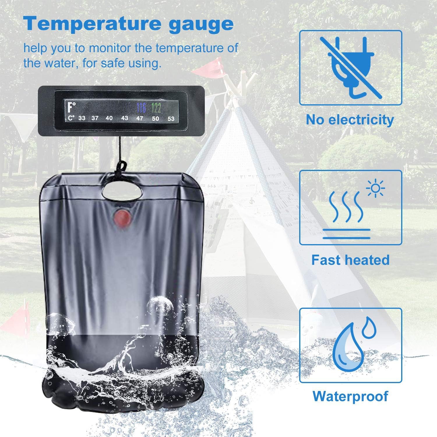 Camp Shower，Portable Solar Shower Camping Bag 5 Gallon Ultralight PVC Black Bag for Summer Camping Outdoor Hiking Travel: Clothing