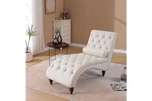 Hdxdkog Button-Tufted Chaise Lounge Indoor, Velvet Chaise Lounge Chair with Acrylic Legs & Toss Pillow, Armless Rolled Backrest Leisure Sofa Recliner, Upholstered Lounges Chair for Living Room (Begie)