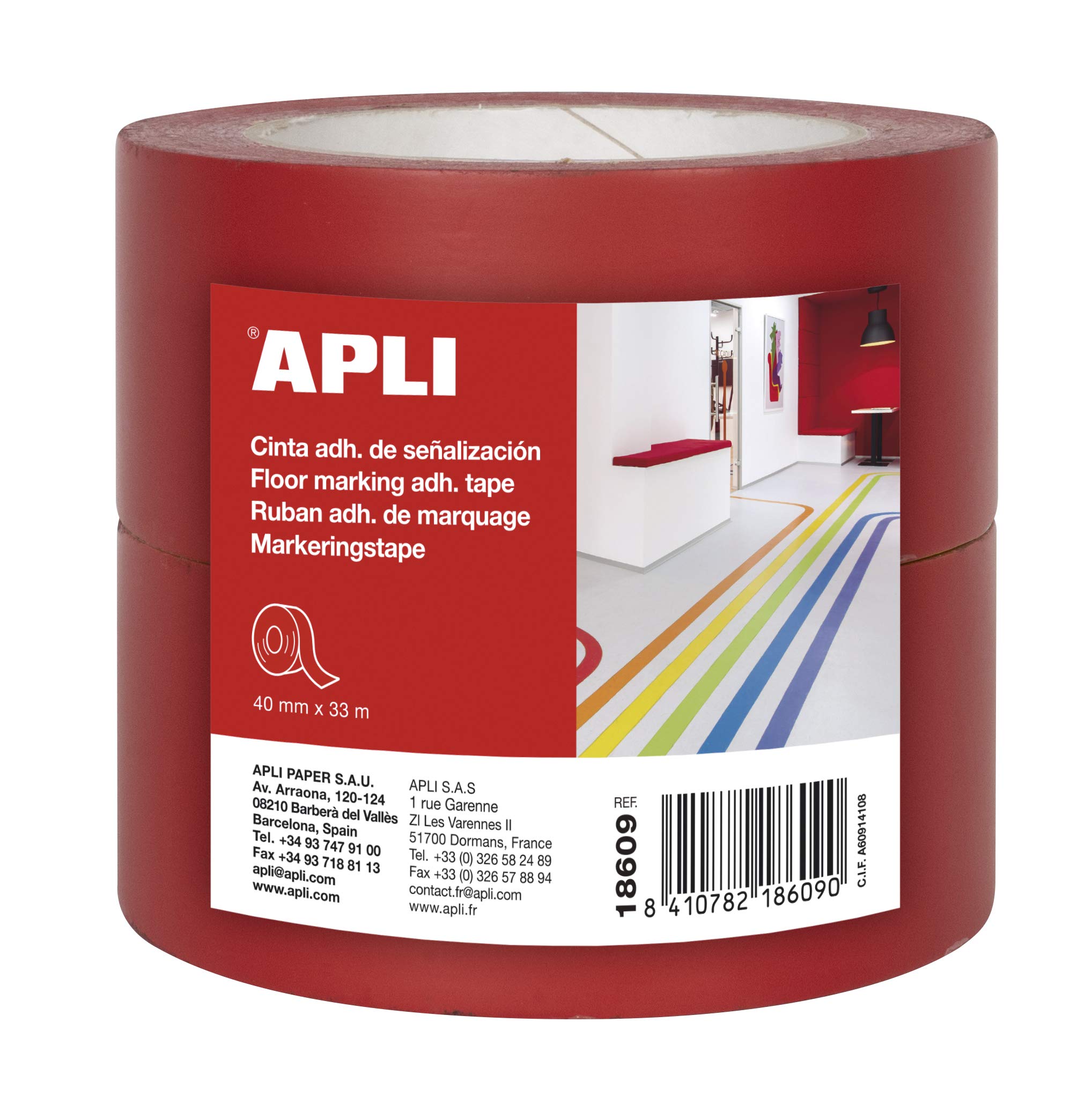 APLI 18609 – Pack of 2 Adhesive Signage Tape PVC Red 40 mm x 33 m 160 μm