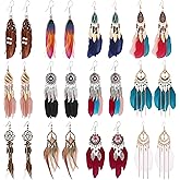 Kinimore 12 Pairs Women Feather Earrings Vintage Bohemian Earrings Long Drop Dangle Earrings Set With Dream Catcher Design