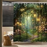 Fantasy Forest Path Shower Curtain Fairy Magical Enchanted Misty Jungle Mushroom Floral Tree Butterfly Lantern Wonderland Pla