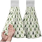 Kwlegh Green Christmas Tree Hand Towels with Loops Winter Xmas Holiday Decorative Kitchen Tie Towel Fast Drying Dish Cloth Soft Absorbent Hanging Hand Towel for Bathroom Kitchen Set of 2