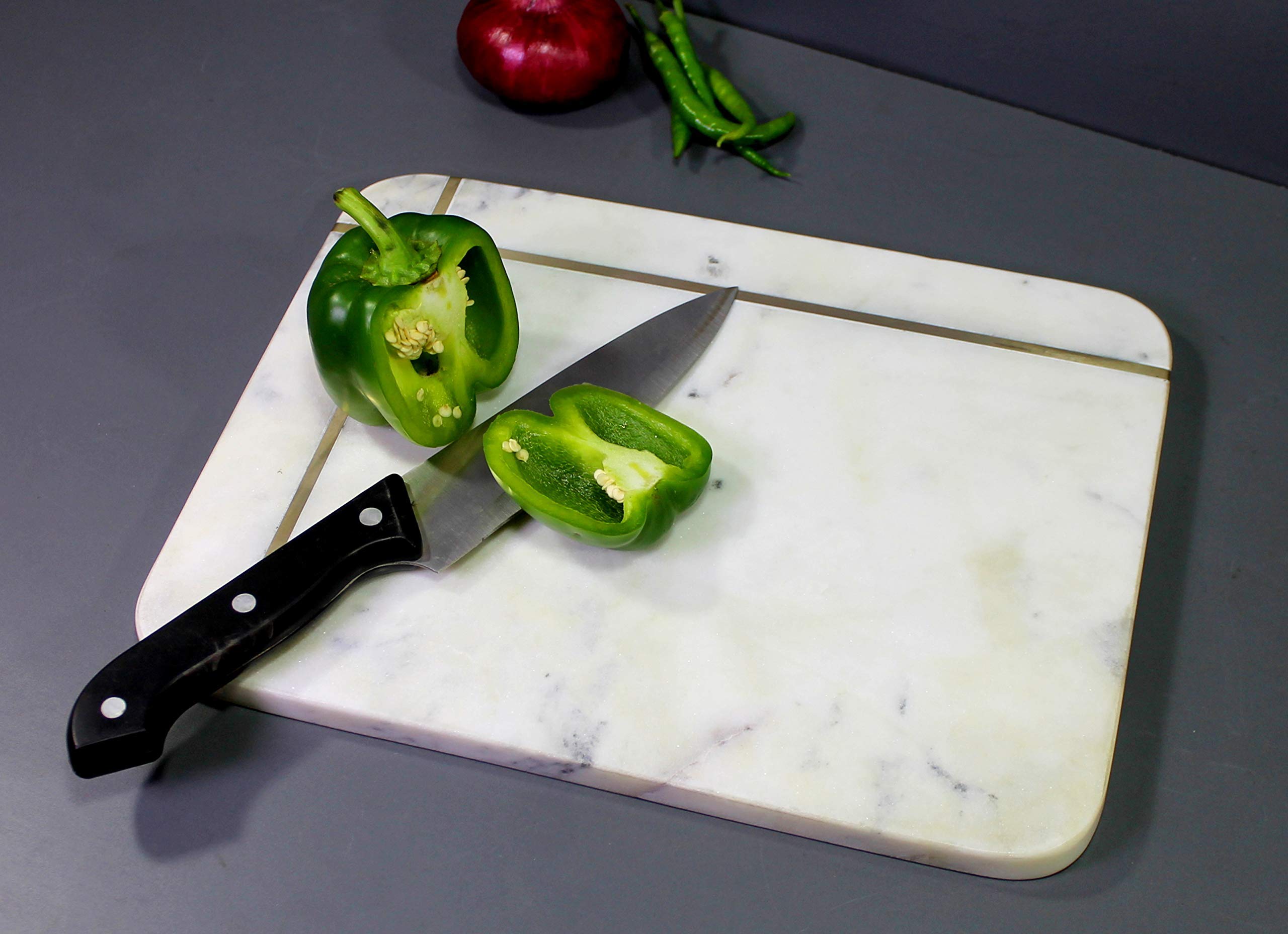 KLEO Marble Chopping Board Cutting Board Cheese Board Cheese Platter Kitchen Appliance Wine Serveware Birthday Anniversary Corporate Gift (9"x 12" Brass Lining)