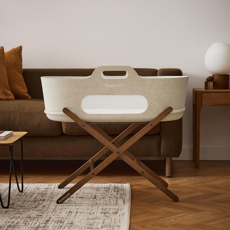 Snuz SnuzBaskit Moses Basket Bundle with Mattress & Folding Stand Barley Walnut