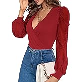 Fayenne Womens Tops Deep V Neck Cross Wrap Sexy Tops Polka Dot Mesh Long Sleeve T Shirt Casual Blouses