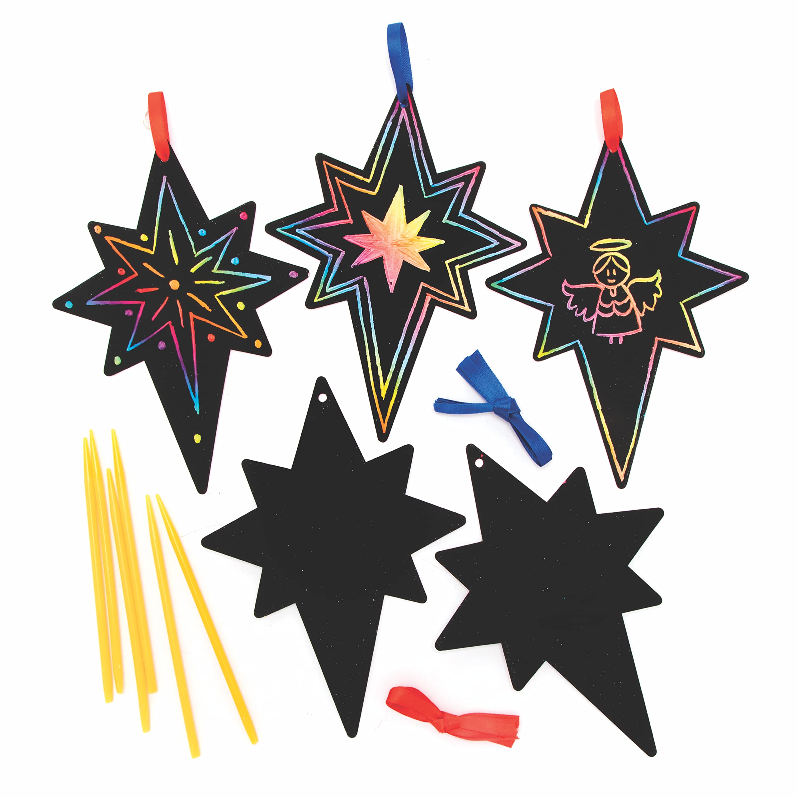 Baker Ross Nativity Star Scratch Art Decorations Pack of 12 - Christmas Decoration Craft Kit for Kids, Festive Craft Activities for Children (FC204)