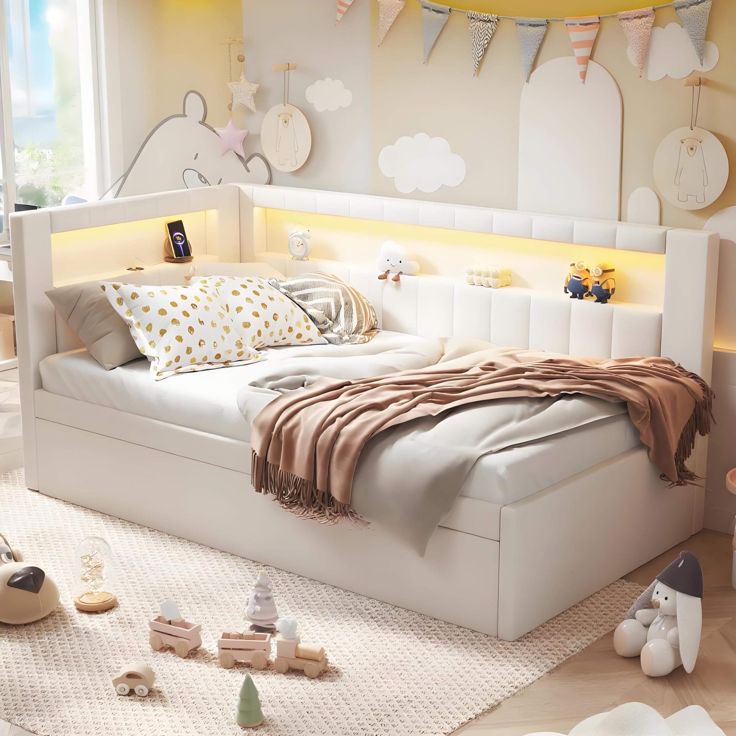 Photo 1 of !! SEE NOTES !! ONLY HALF SET !! LINKHOO Corner Twin Platform Bed Frame with Trudle and Bookcase Storage,Twin Upholstered Daybed with Led Light and USB Ports for Living Room,Bedroom,Guest Room,White