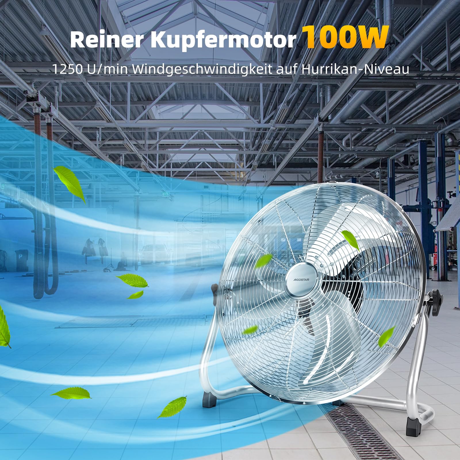 Aigostar Clover – XXL 54cm Retro Windmaschine, Starker Ventilator Groß, Bodenventilator mit Metall Chrom, Neigbarer Kopf (120°), 3 Stufen, Leise Standventilator, Industrie Ventilator 100 Watt, Silber 2
