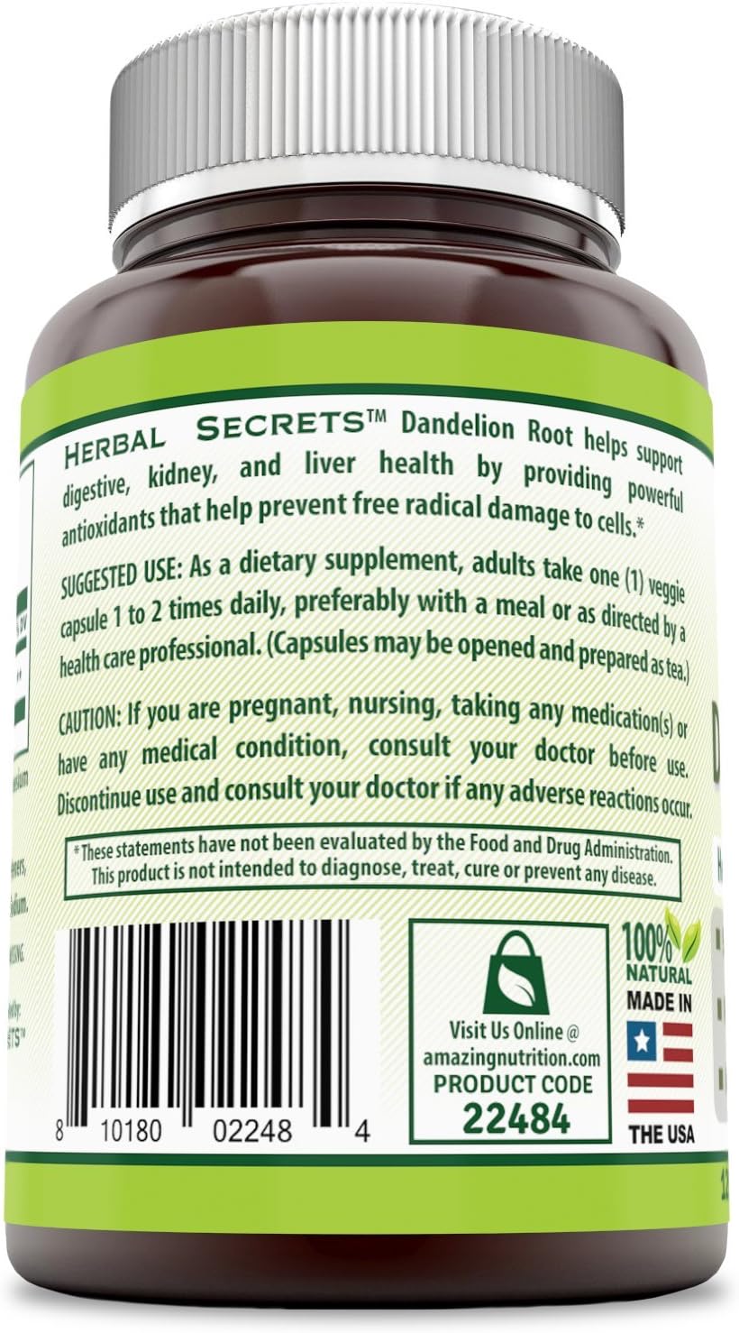 Herbal Secrets Dandelion Root 520 Mg 120 Veggie Capsules (Non-GMO) - Improve Gastrointestinal Health, Reduces Throat Inflammation, Soothes Upset Stomach*: Health & Personal Care