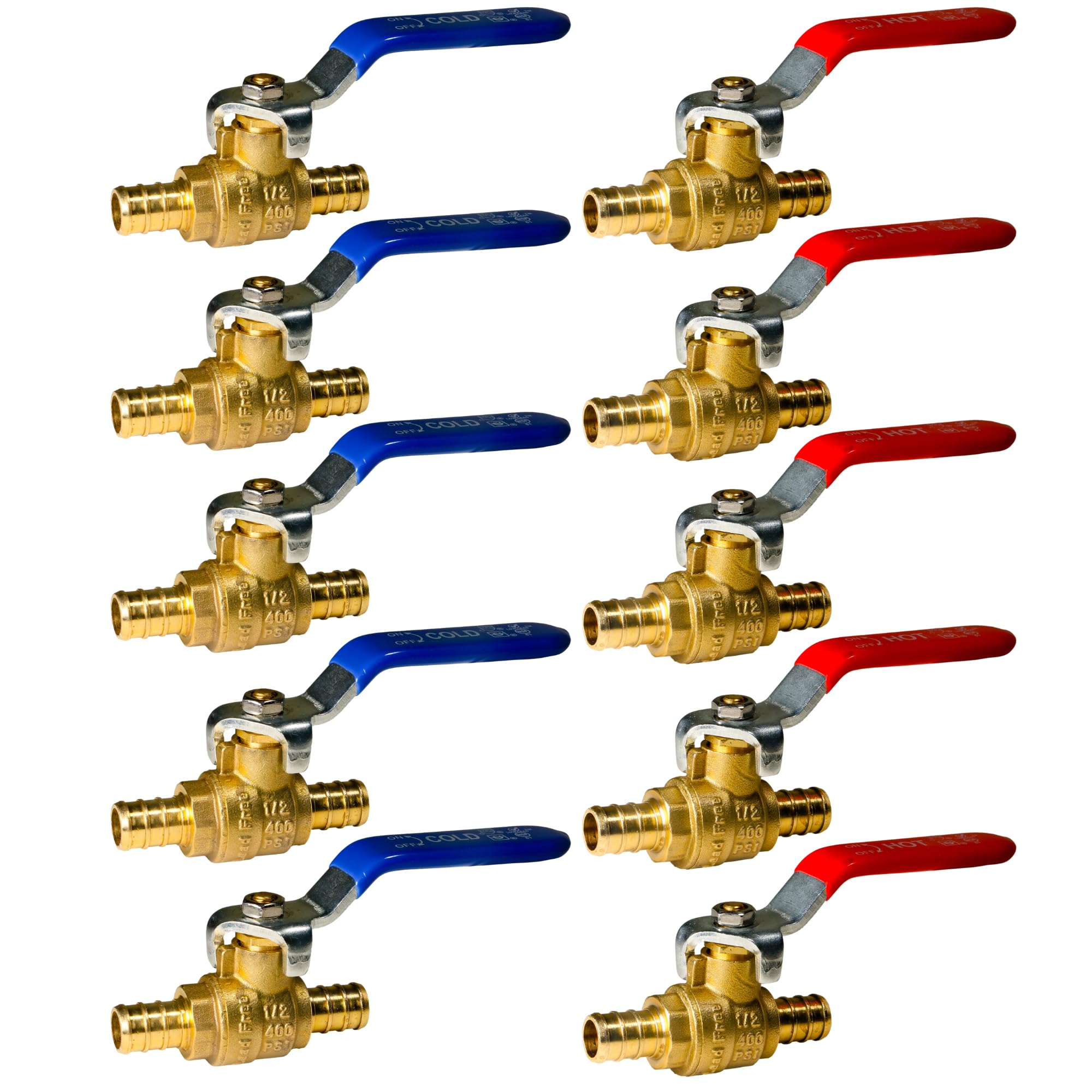 Photo 1 of 10 PACK XFITTING HOT (RED) COLD (BLUE) OF 1/2" PEX BRASS FULL PORT SHUT OFF BALL VALVE - 1/4" TURN (LEAD-FREE BRASS)