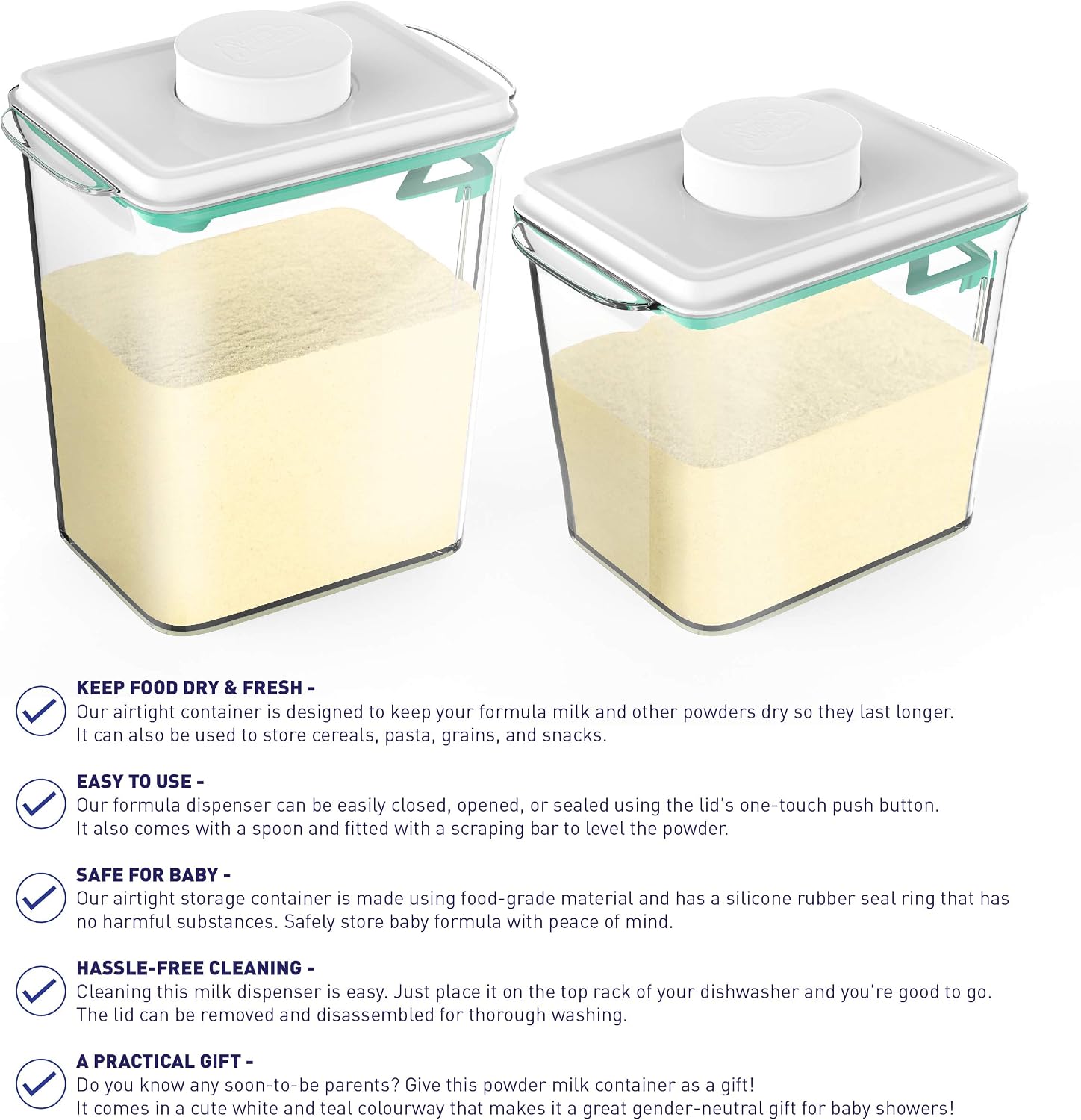 Super Doopers One Touch Baby Milk Powder Dispenser, Airtight Food Storage Container with Lid for Formula Powder Coffee Beans - Image 3