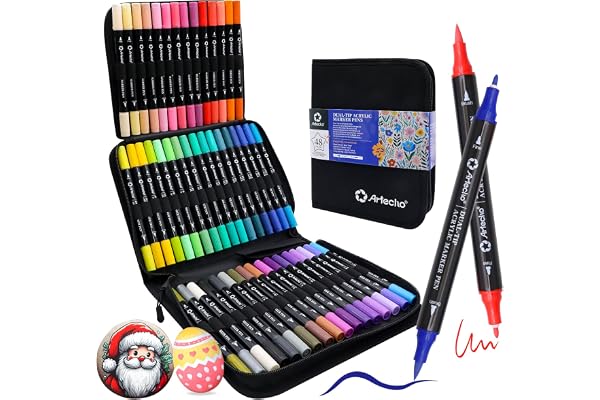 Artecho Acrylic Paint Markers 48 Colors with Bag, Acrylic Paint Pens with Brush Tip and Fine Tip for Stone, Rock Painting, Pa