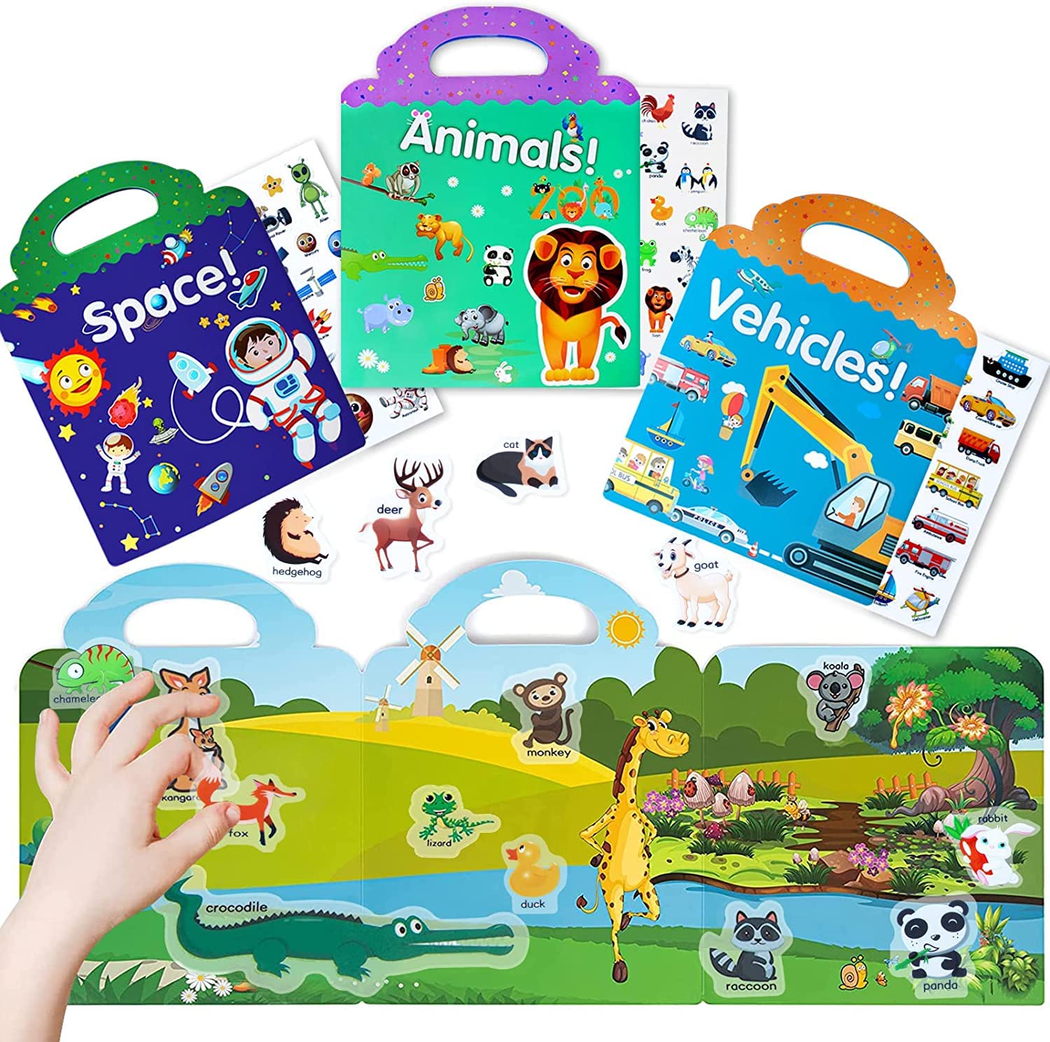 Wieat Reusable Sticker Books, 3-Pack Kid's Stickers Toys for 3+ Year Olds Children, Toddler Activities Books, Educational Toys for Kids,Best Christms Toys Gifts for Girls&Boys(Animals/Space/Vehicle)