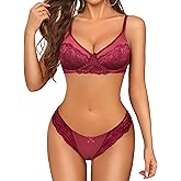 Avidlove Lingerie Sets for Women Sexy 2 Piece Bra and Panty Set Satin Lace Lingerie Set Unlined Underwire Bra