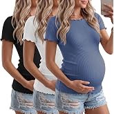 Sweetyweee 3 Pack Women's Maternity Ribbed Shirts, 3-Color, XX-Large | Short Sleeve Tops, Cotton, Boat Neck, Pregnancy, Lettuce Trim, Mama Clothes