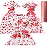 Tenceur 30 Pcs Gaint Valentine's Day Heart Clear Cellophane Gift Bags with Red Ribbons - Large 25.6 × 31.5 Inches Valentine's Day Plastic Basket Wrapping for Gifts, Crafts, Dolls, and Toys