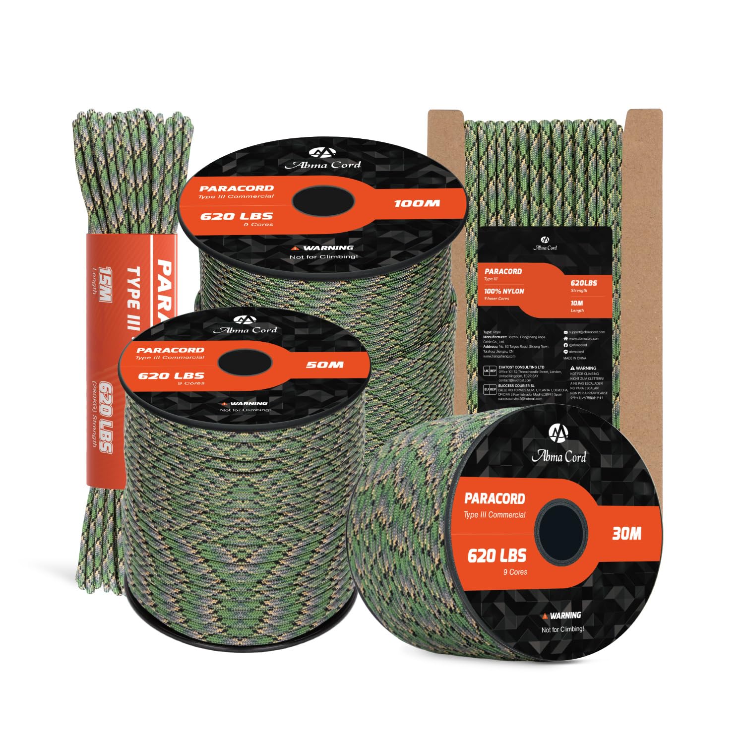 Abma Cord Paracord 4mm 15m 100% Nylon Rope 9 Strands Type III Parachute Cord for DIY, Camping, Survival, Outdoor - Max. 280kg - Jager Camo
