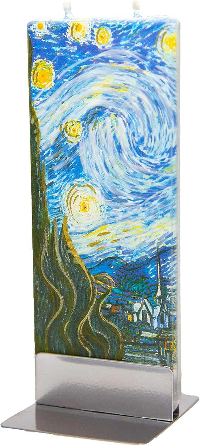 Flatyz Hand Painted Flat Candle| Unscented, Dripless, Smokeless, Decorative | Van Gogh – Starry Night | Double Wick with Metal Base | Unique Gift Idea and Home Décor Accent: Home & Kitchen