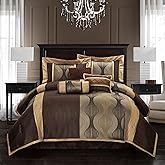 Grand Avenue Elagant Jacquard Brown Comforter Set, Size California King, 7 Piece Bed in a Bag, Striped Bedding Set All Season, Matching Decorative Pillows, Pillow Sham & Bed Skirt
