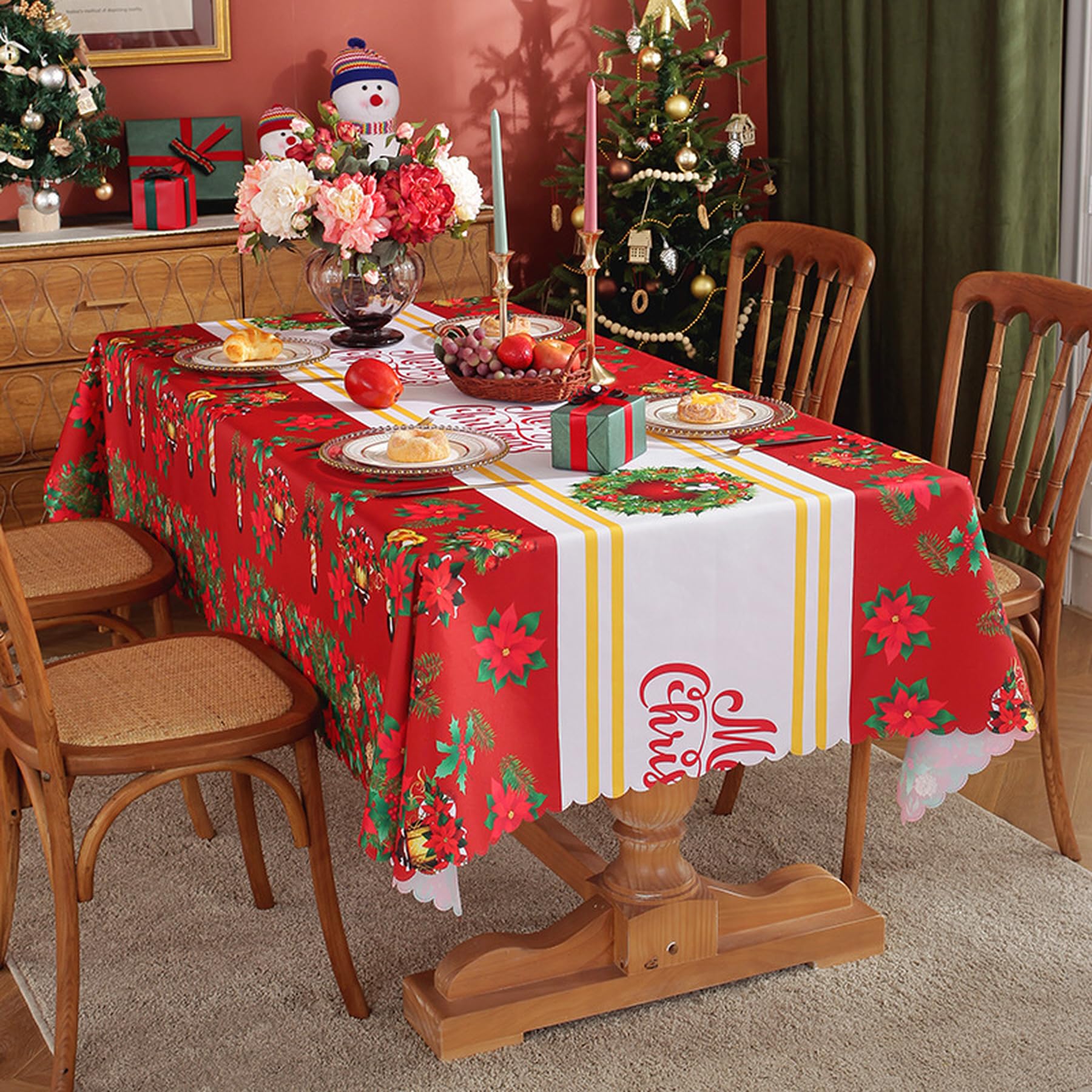 es-uk Christmas Table Cloth - Wipe Clean Tablecloth, Grease and Water Resistant Table cloths rectangle, Extra large Xmas tablecloth (Red, 150 * 150) — image 1