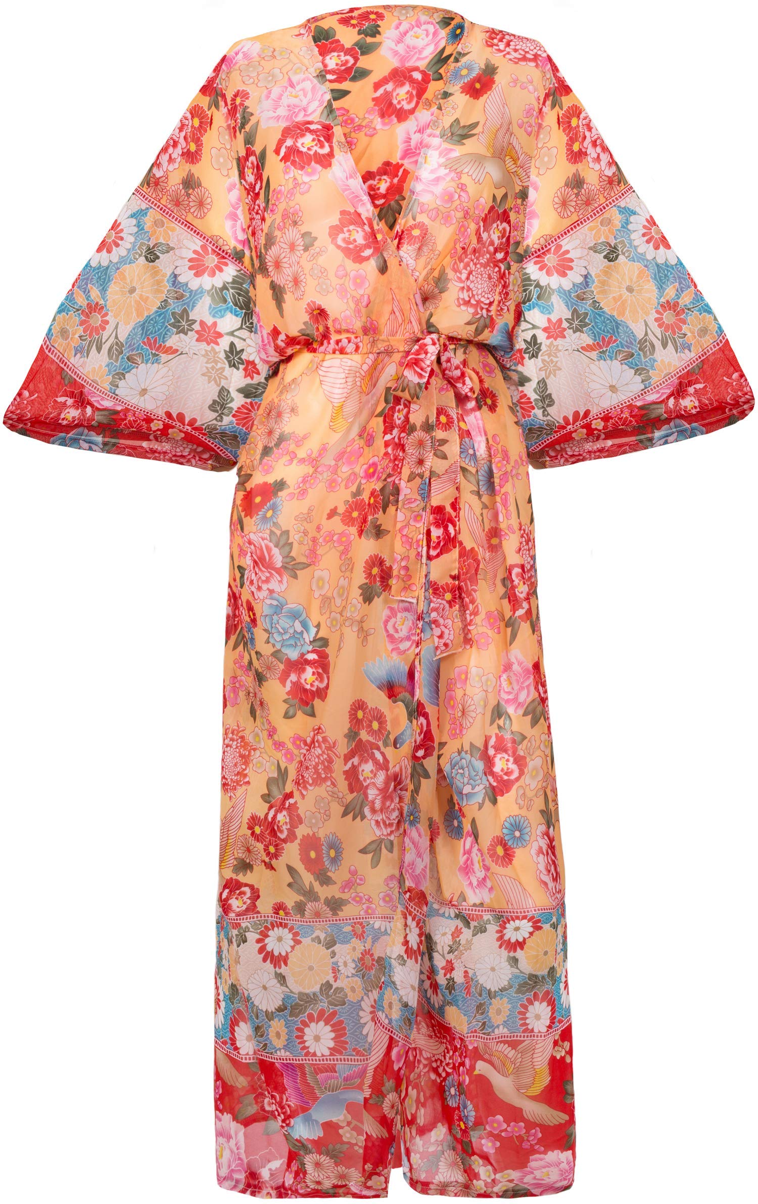 India rose Stunning Sheer Kimono Bathrobe or Beach Cover up for Women in Lightweight Crease Free Polyester. Ethically Made. One Size Fits UK 10-16 (Orange Red)