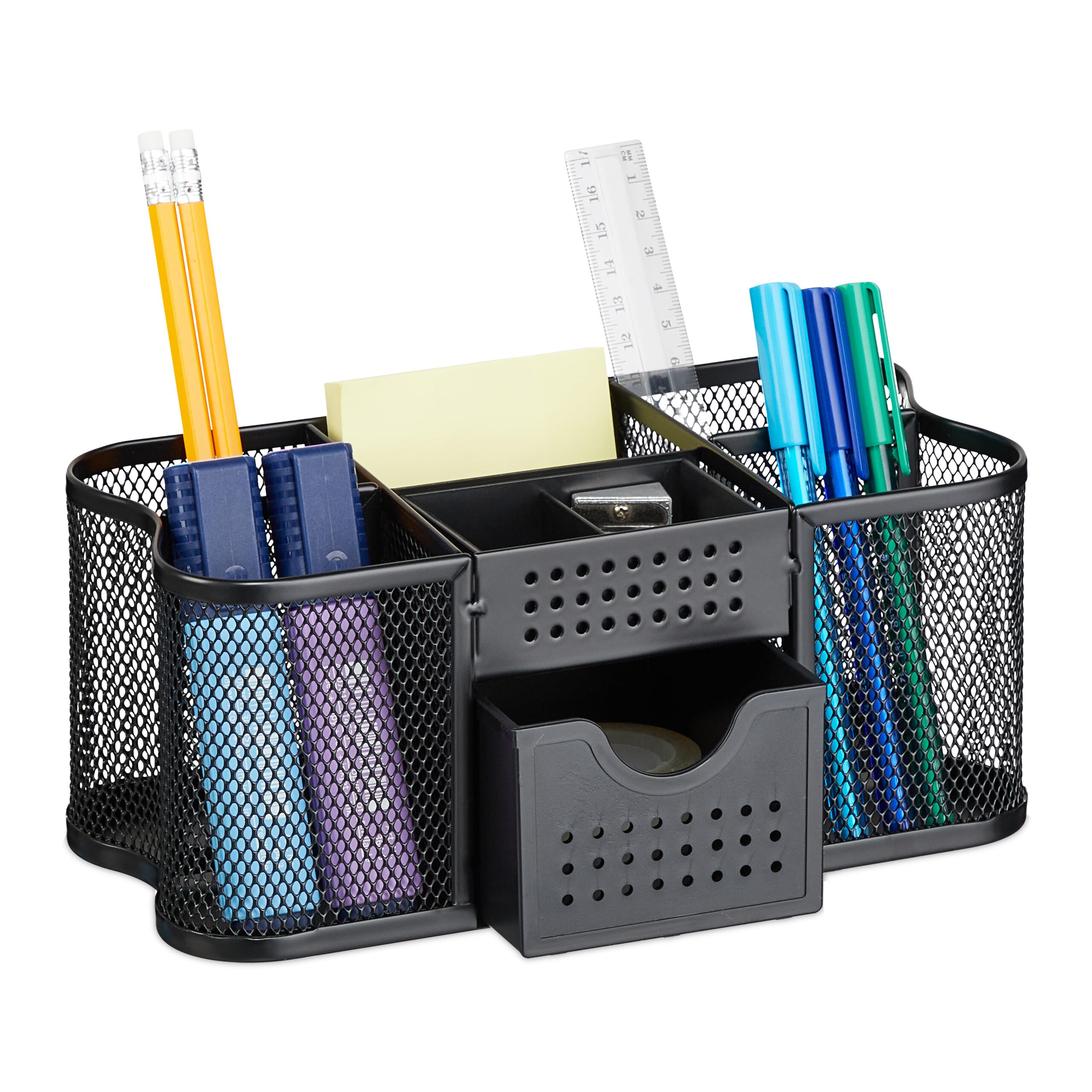 Relaxdays Mesh Desk Organiser, Drawer, Pot, Pen Holder, Steel, HBT 10 x 23.5 x 11.5 cm, Black