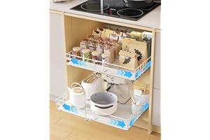 UMDONX 2 Pack Pull Out Cabinet Organizer Drawers Kitchen Cupboard Storage, No Punch Extendable Sliding Rack Shelf Adhesive Pe