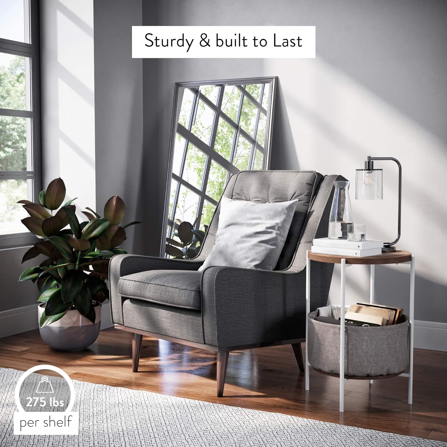 Nathan James Oraa Round Wood Side Table with Fabric Storage, Light Brown/White: Furniture & Decor