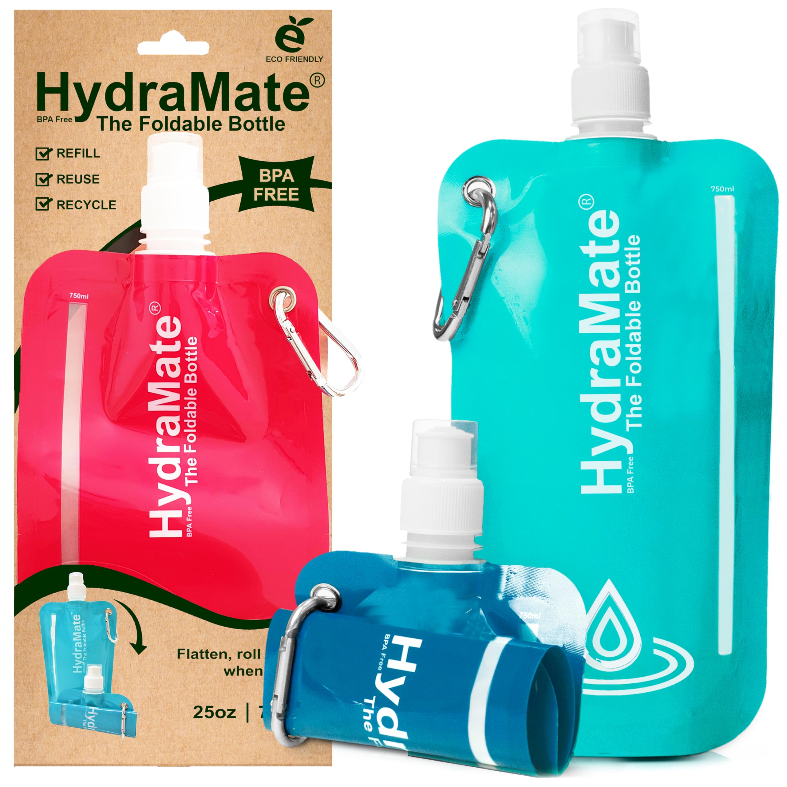HydraMate Collapsible Water Bottle - 750ml, BPA Free. Lightweight, Foldable, Roll Up, Squeezable Pouch, Carabiner Clip - Perfect for Travel, Festivals, Hiking, Camping. 3 Pack