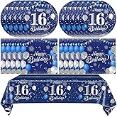 41PCS 16th Birthday Decorations for Boys Navy Blue Silver 16 Years Old Birthday Decorations Sweet 16 Plates Napkins Tablecloth for Boys Girls 16th Birthday Party Supplies